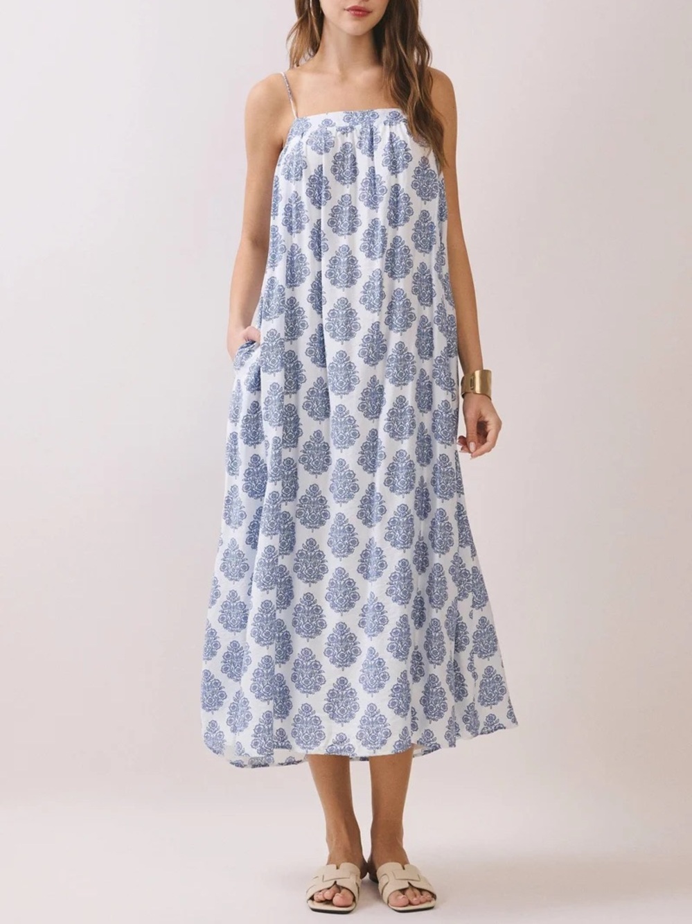 TCEC Printed Flowy Side Pockets Maxi Dress NWT Blue White Size Large
